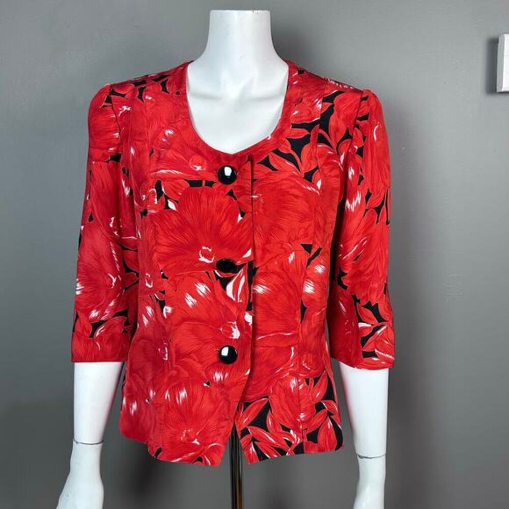Cagli Blazer‎ Size 4 IT 40 Red Floral Silk Italian Scoop Neck Vintage Designer